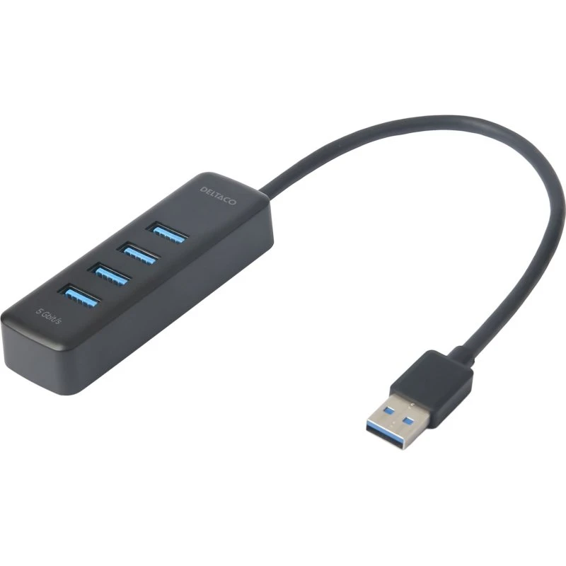 Deltaco 4-port USB-A Hub – Slim, 5 Gbps, Sort