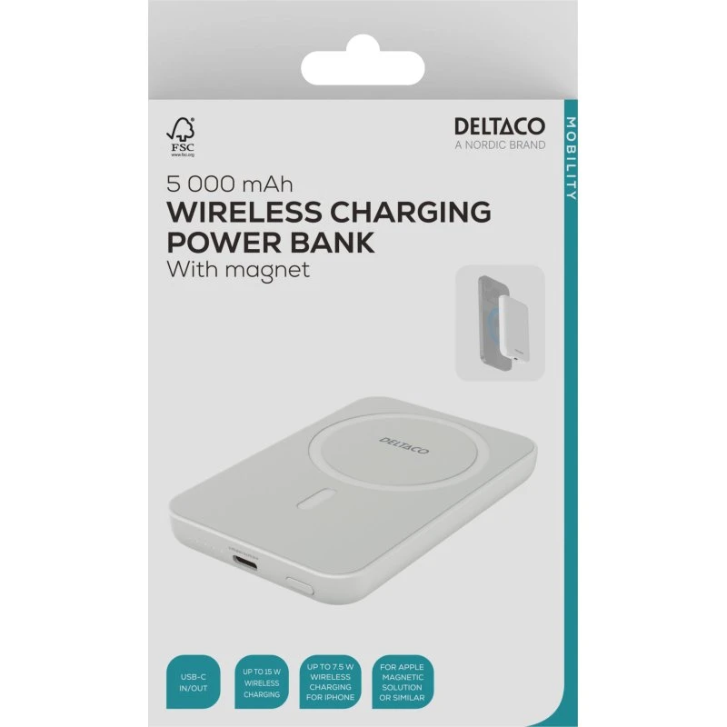 Deltaco Powerbank 5000 mAh trådløs PD 20W (hvid)
