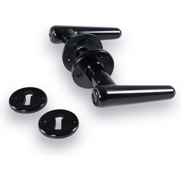 Torpedo dørhåndtag i sort bakelit med roset og nøgleskilt