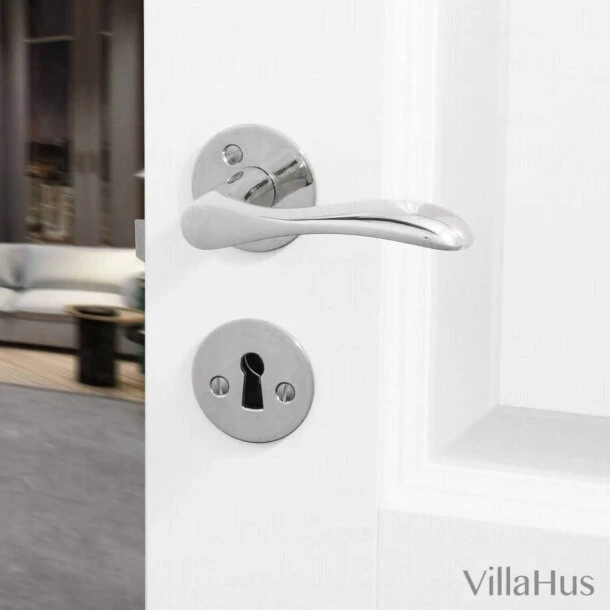 BELLEVUE dørhåndtag poleret krom m. roset & nøgleskilt c/c 30 mm