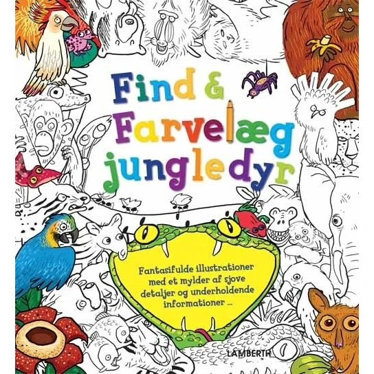 Find og farvelæg jungledyr – myldrebog for børn