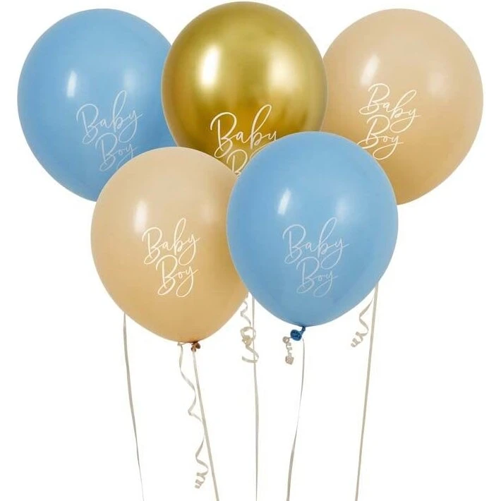 Baby Shower Ballonsæt - Baby Blue, Nude & Guld (5 stk)