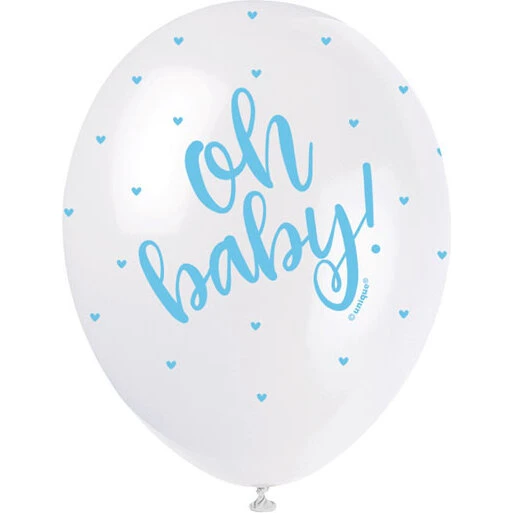OH Baby 5 babyfestballoner hvide med blå tryk, 30 cm