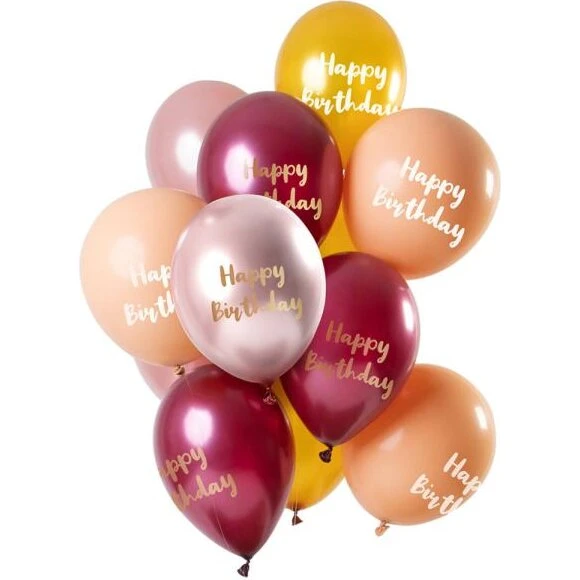 Happy Birthday 12x 30 cm latexballoner – Golden Morganite (Pink/Guld)