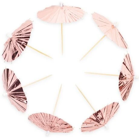 Drinksparaplyer 10 stk. Rose Guld med træpind