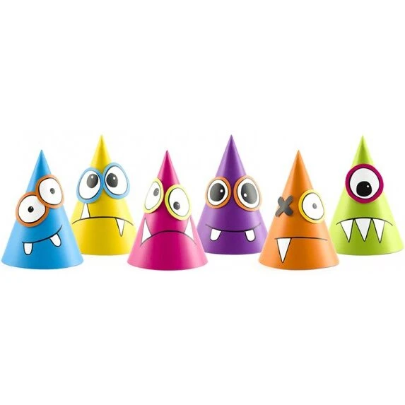 Monsters Partyhatte 6 stk. – Guld med klæbeøjne