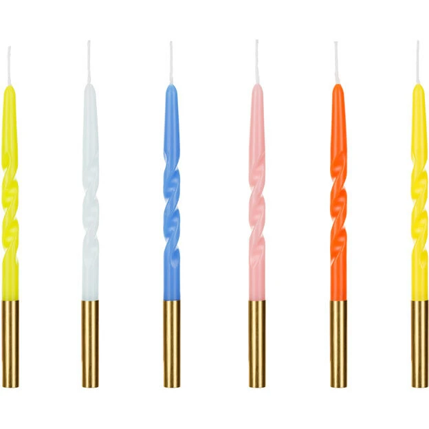 Fødselsdagslys Mixfarver 6 stk 14 cm med sølvspidser