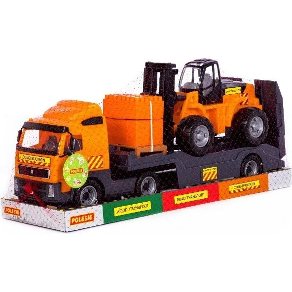 Volvo legetøjslastbil med trailer og gaffeltruck 75 cm