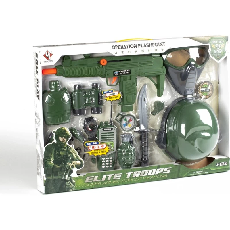 Militærsæt stor 13 dele - grøn, inkl. walkie-talkie