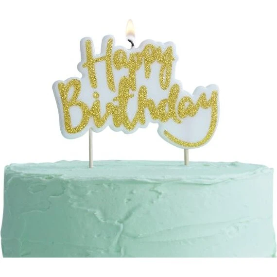 Guldglitrende kagelys 'Happy Birthday' 10 cm