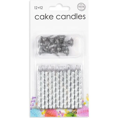 Kagelys 12 stk med holdere, sølv (0,5x6 cm)