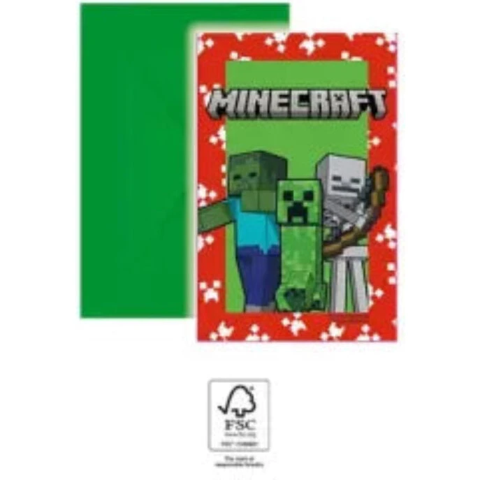 Minecraft partyinvitationer, 6 stk. med 6 kuverter