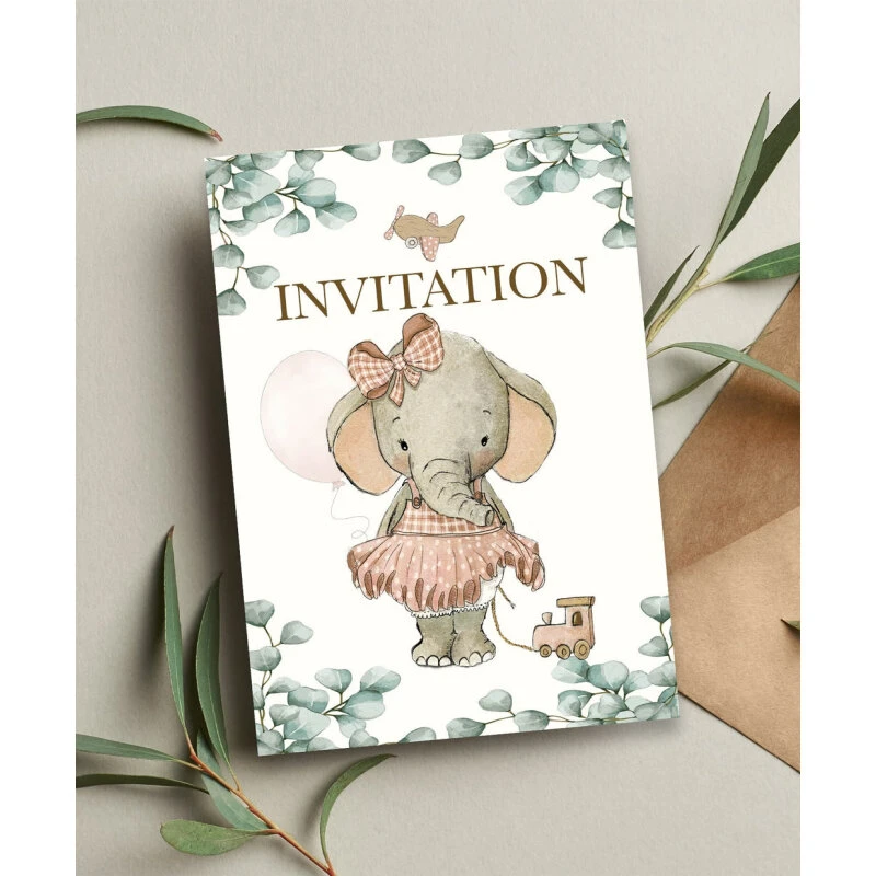 Invitation Elefant pige, 6 stk. med genbrugskuverter
