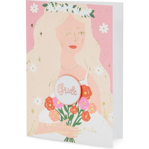 Brudekort 10,5x15 cm i hvid med guldtryk og emalje-pin
