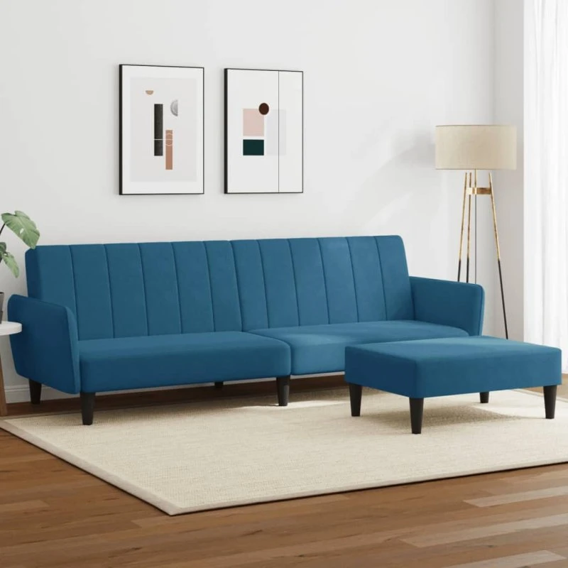 2-personers sovesofa i blå velour med fodskammel