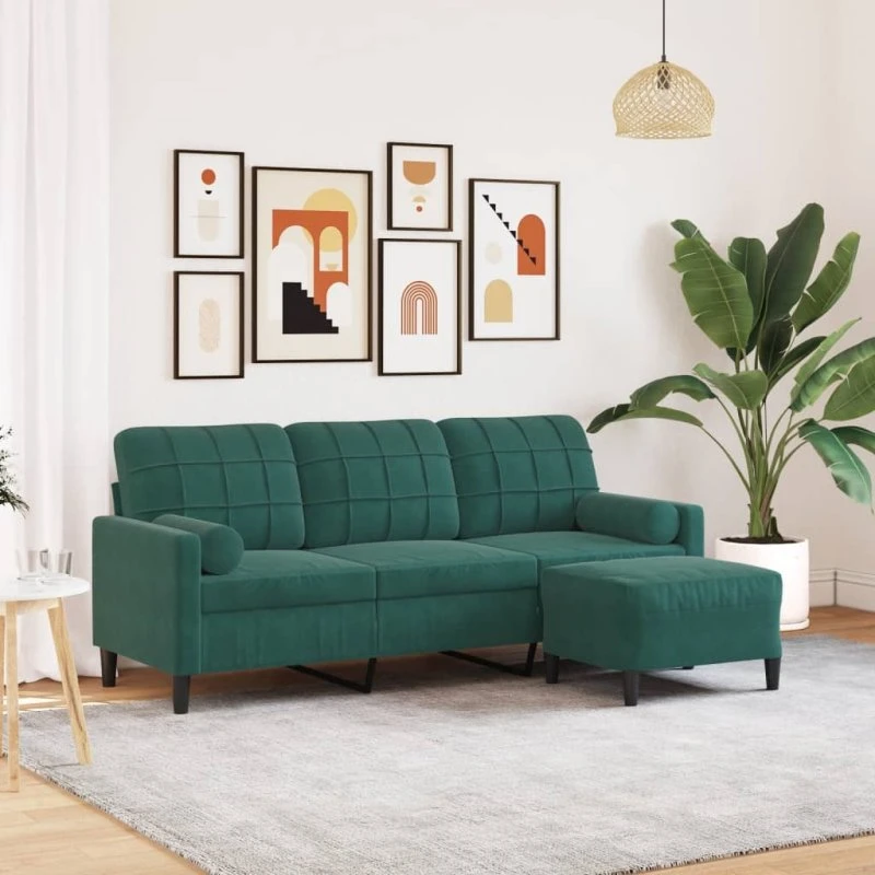 3-personers velour sofa med fodskammel 180 cm – mørkegrøn