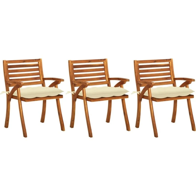 Havestole 3 stk. i massiv akacietræ med hynder, creme