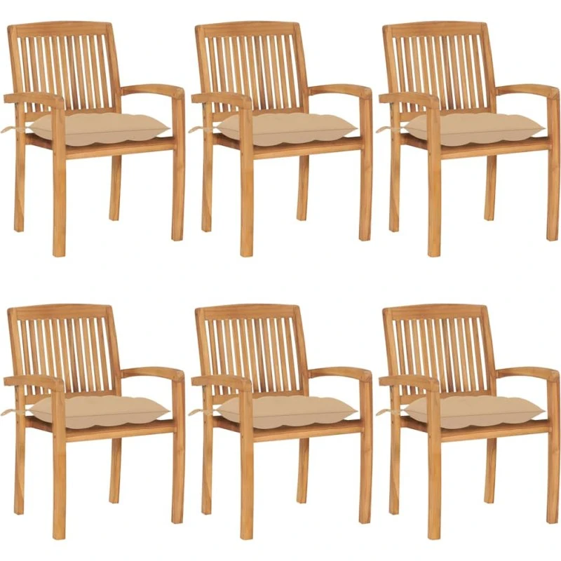 Teak havestole 6 stk. med hynder – stabelbare