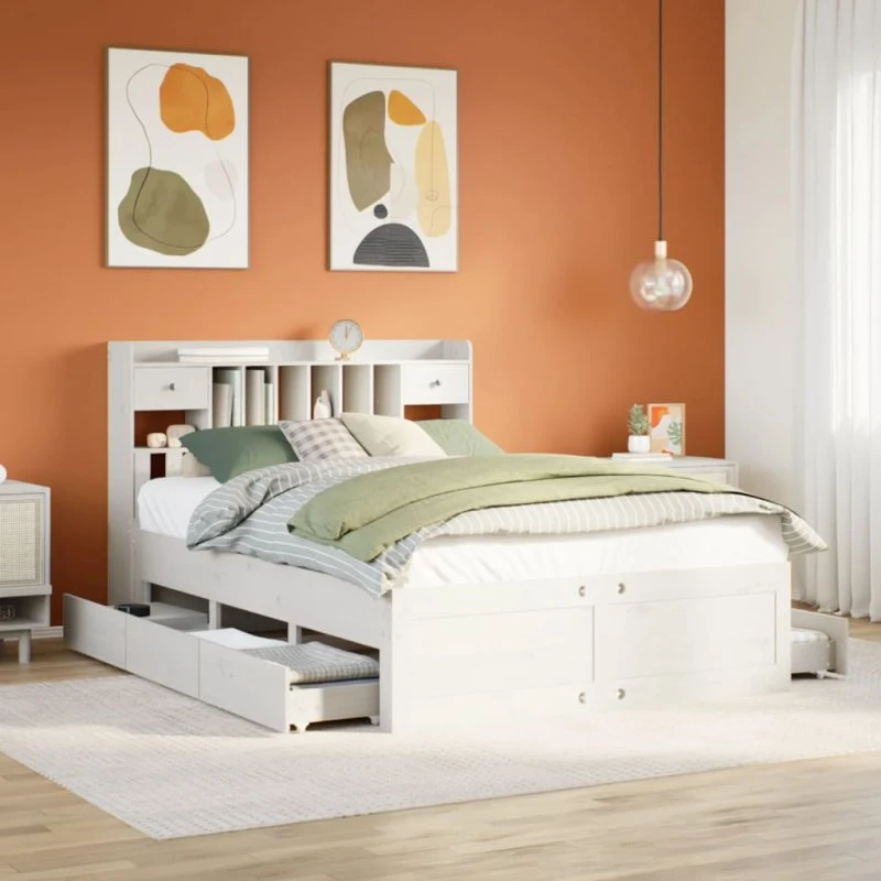 Seng med reol 160x200 i massivt fyrretræ, hvid (uden madras)