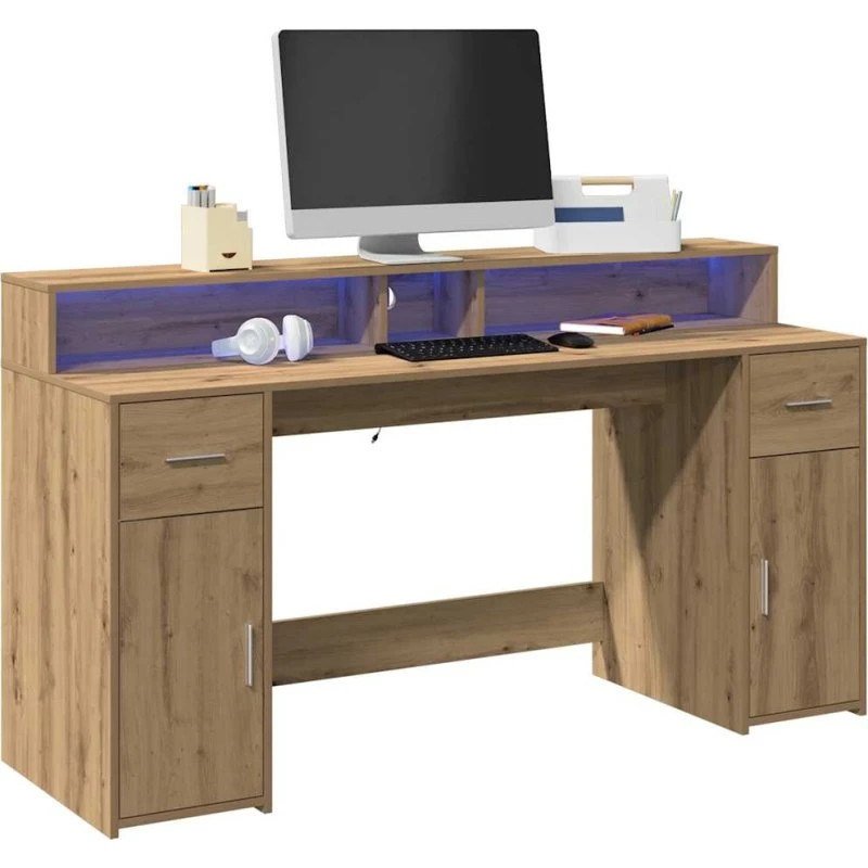 Skrivebord 160x155x91 cm med RGB LED – Gammel eg