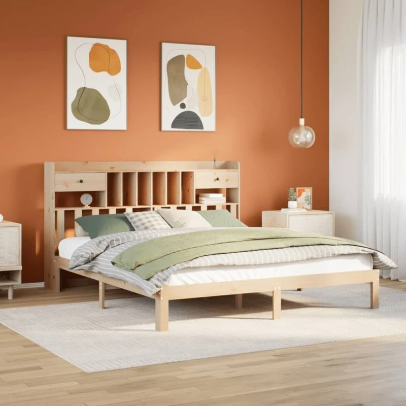 Seng 180x200 i massivt fyrretræ med bogreol – uden madras