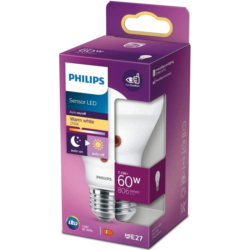 Philips LED E27 7,5W (60W) med skumringssensor, varm hvid