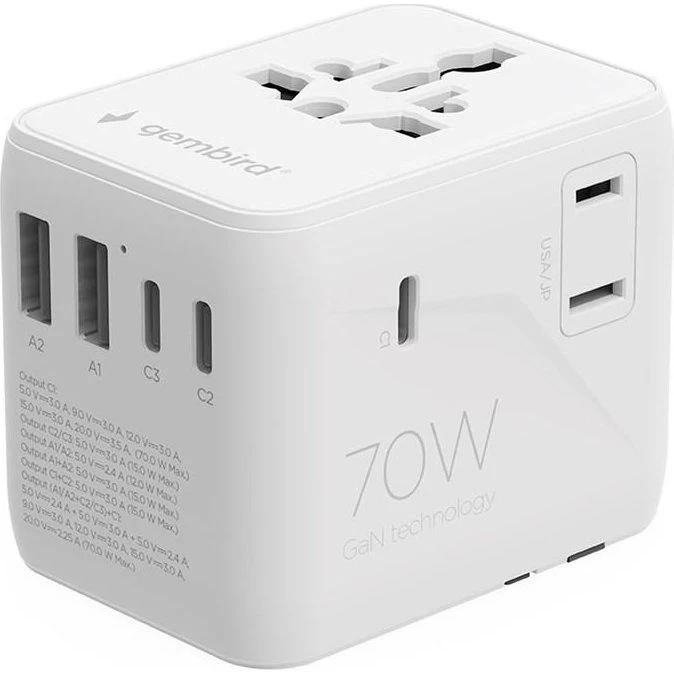 Gembird Universal Rejseadapter 70W GaN med 5 USB