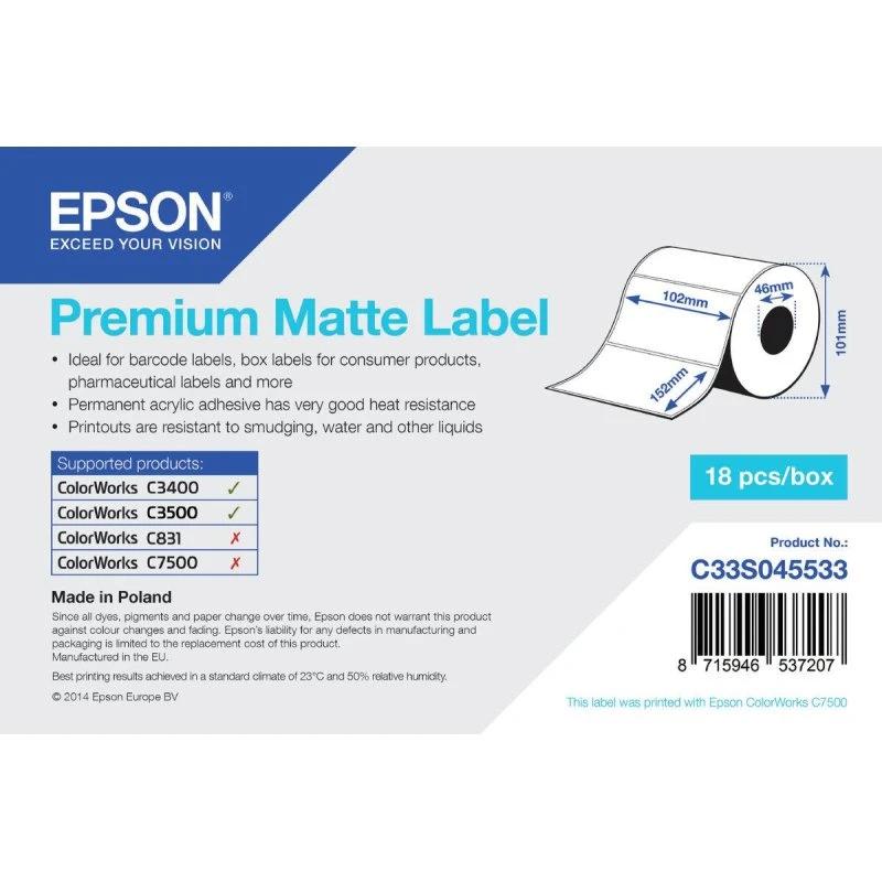 Epson Premium Matte skæreetiketter 102x152 mm, 225 stk