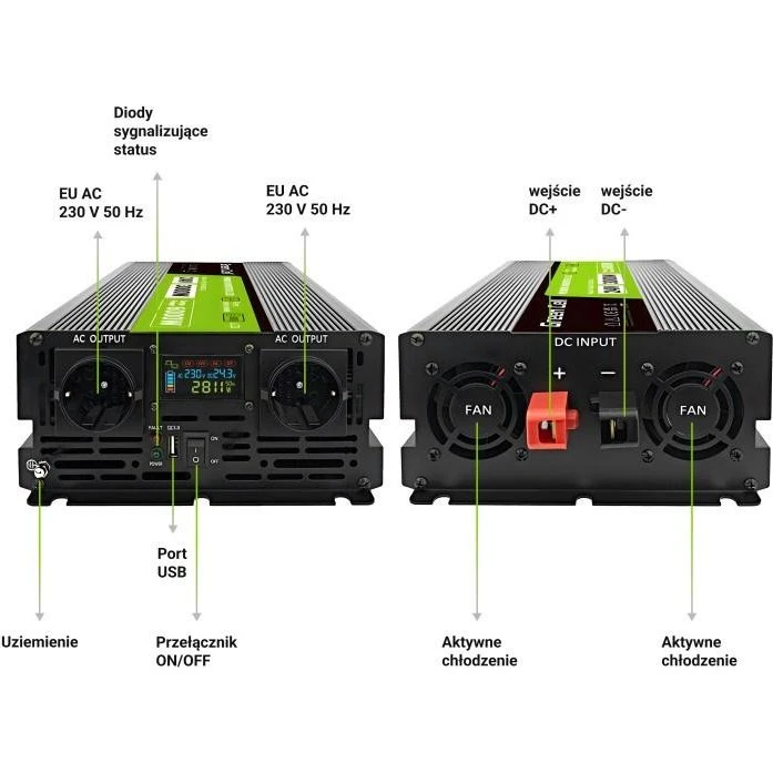Green Cell 24V→230V Inverter 3000W (2 udgange) Sort