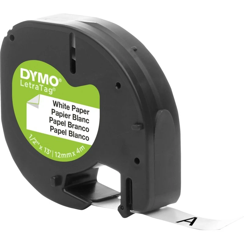 DYMO LetraTag papirtape 12 mm x 4 m – sort på hvid