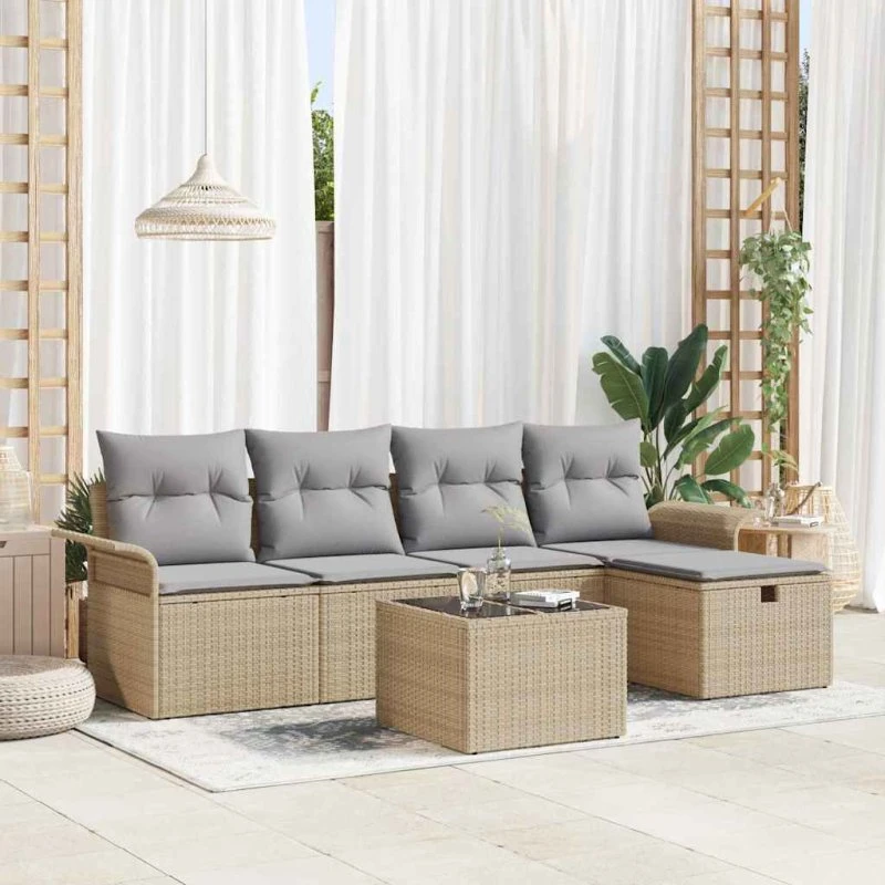 Modulær 6‑pcs Havesofa i Beige polyrattan med opbevaring
