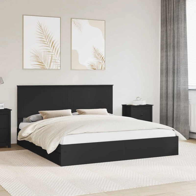 Opbevaringsseng 200x200 cm, sort - konstrueret træ