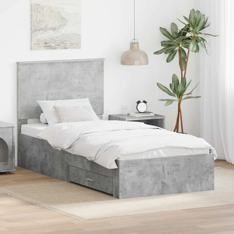 Sengestel 75x190 cm i konstrueret træ - Betongrå/Sølv