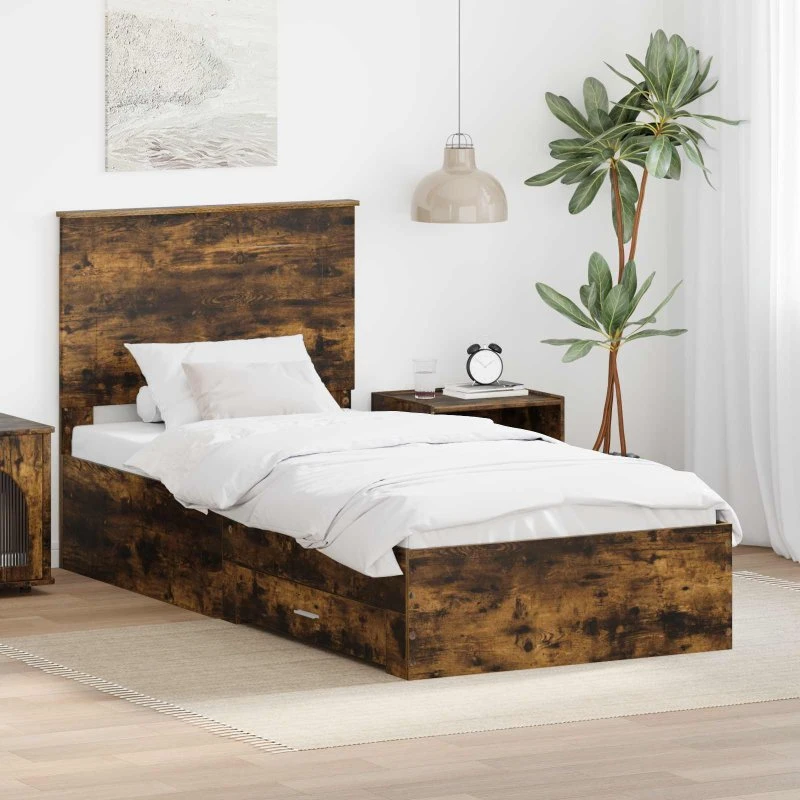 Sengestel Røget Eg/Sølv 75x190 cm - Opbevaring