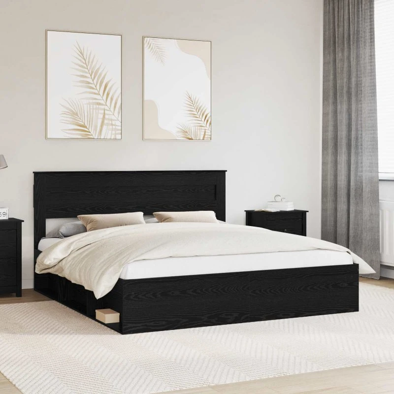 Sengestel 200x200 cm med hovedgærde i massiv fyrretræ, sort