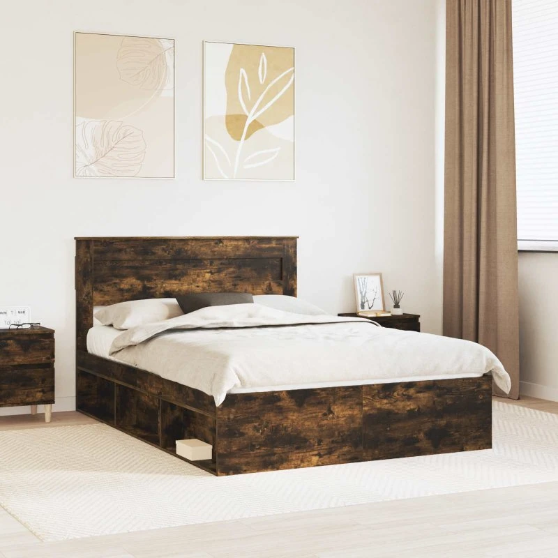 Sengestel med hovedgærde 140x190 cm – Røget eg/massiv fyr