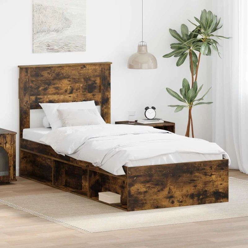 Sengestel med hovedgærde i røget eg 75x190 cm, massiv fyrretræ