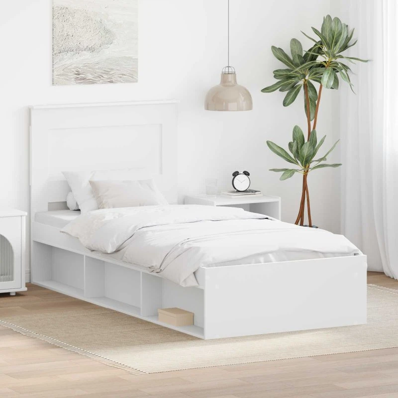 Sengestel i massiv fyrretræ med hovedgærde, 90x190 cm – Hvid