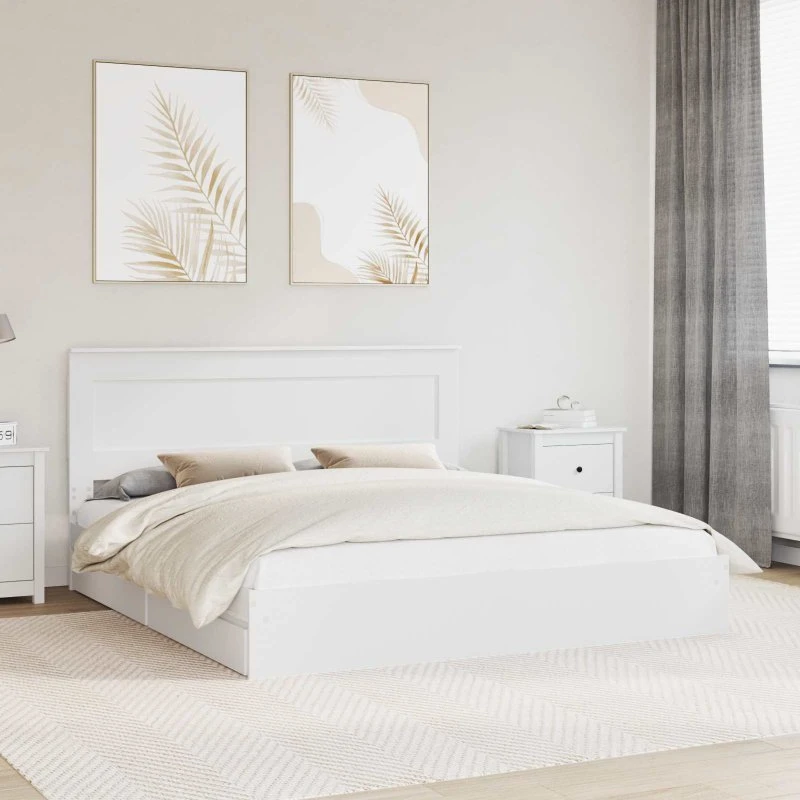Opbevaringsseng 200x200 cm Hvid – konstrueret træ med skuffe
