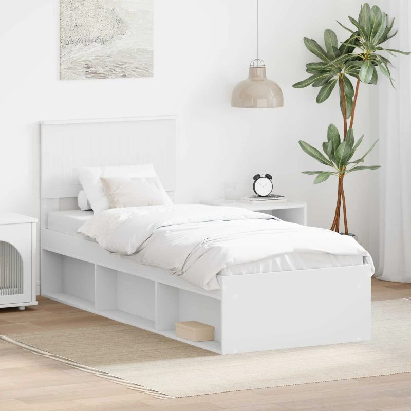 Sengestel i massivt fyrretræ med hovedgærde, hvid 75x190 cm