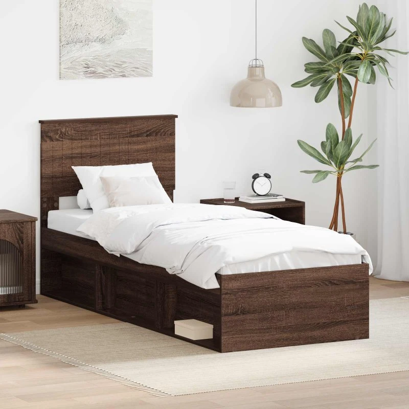Sengestel med hovedgærde 75x190 cm – Brun eg, massiv fyrretræ