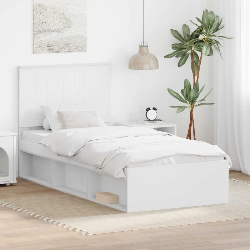 Sengestel i massivt fyrretræ med hovedgærde, Hvid 90x190 cm