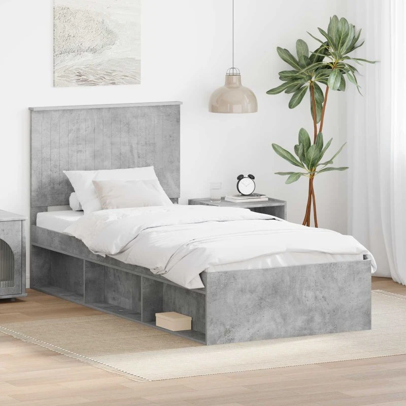 Sengestel 90x190 cm - Beton grå, massivt fyrretræ