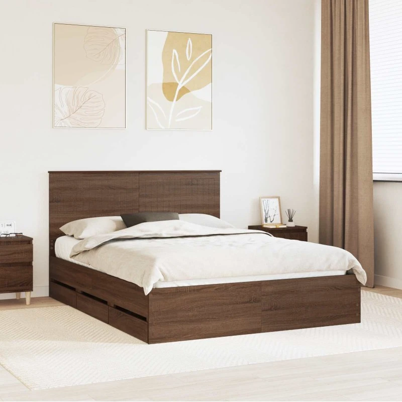 Sengestel med skuffe 150x200 cm - Brun eg (Ingeniørtræ)