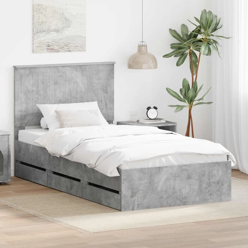 Sengestel med skuffe 100x200 cm – Betongrå, ingeniørtræ