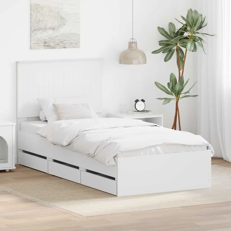 Hvid sengestel med skuffe 90x200 cm i ingeniørtræ