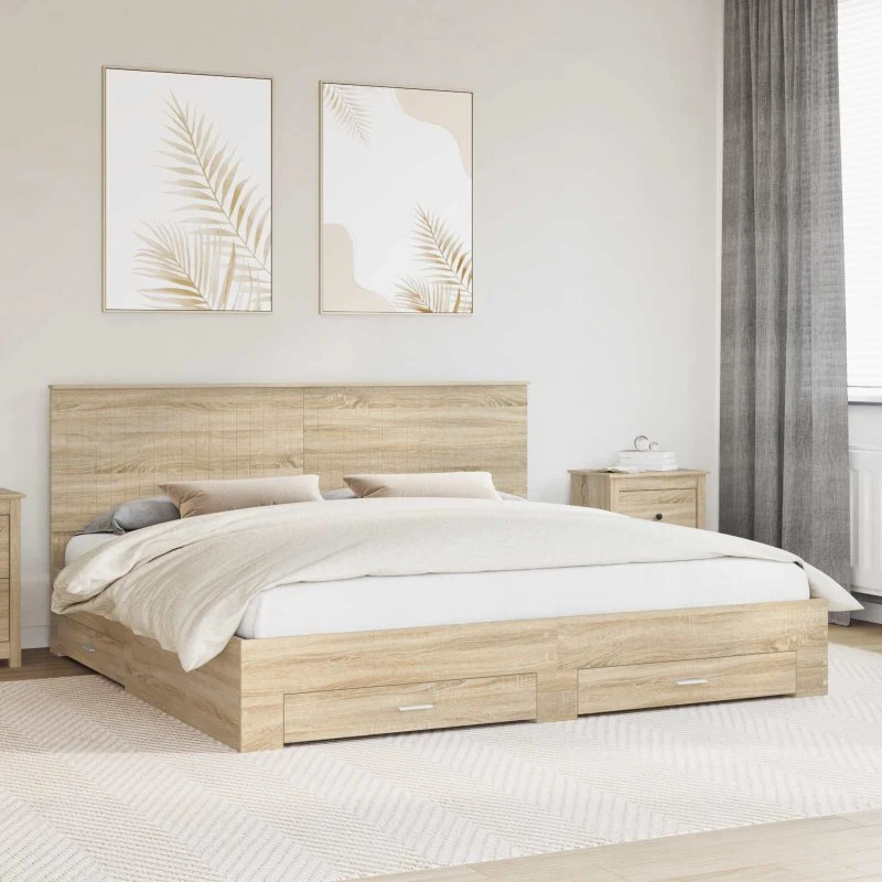 Sengestel med hovedgærde Sonoma eg 200x200 cm - opbevaring