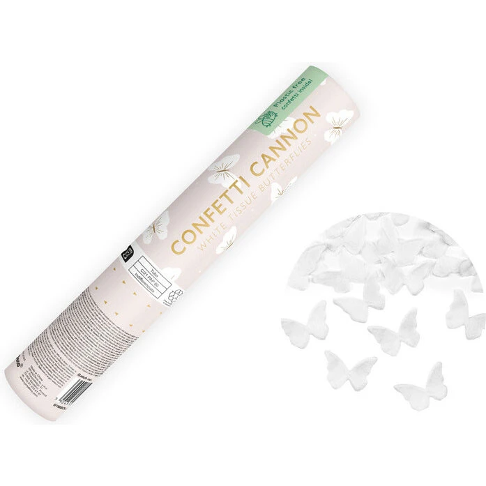 Konfettirør Hvide Papirsommerfugle 20 cm