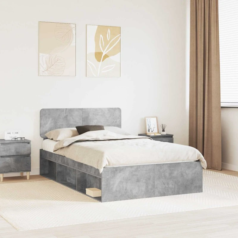 Sengestel med hovedgærde Betongrå 135x190 cm i massivt fyrretræ