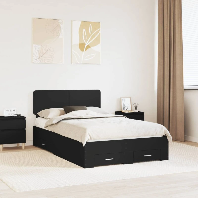 Sengestel med opbevaring og hovedgærde 135x190 cm - Sort